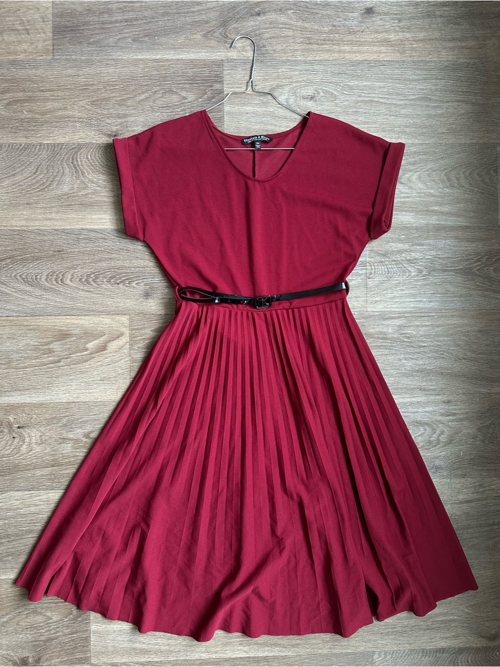Elizabeth & Nicole Burgundy Belted Accordion Pleated Midi Dress Size PM